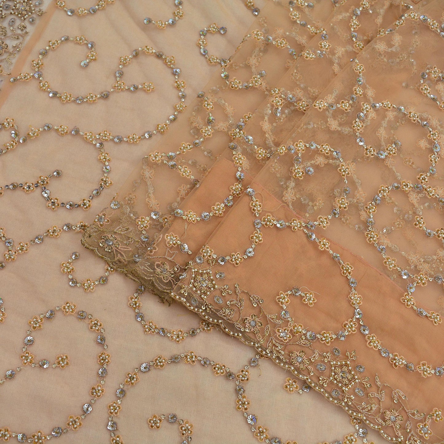 Indian Vintage Heavy Peach Sari Net/Mesh Hand Embroidered Sarees Craft Fabric 6Yd Sewing Soft Golden Zardozi/Dabka Zari Wedding Sarees