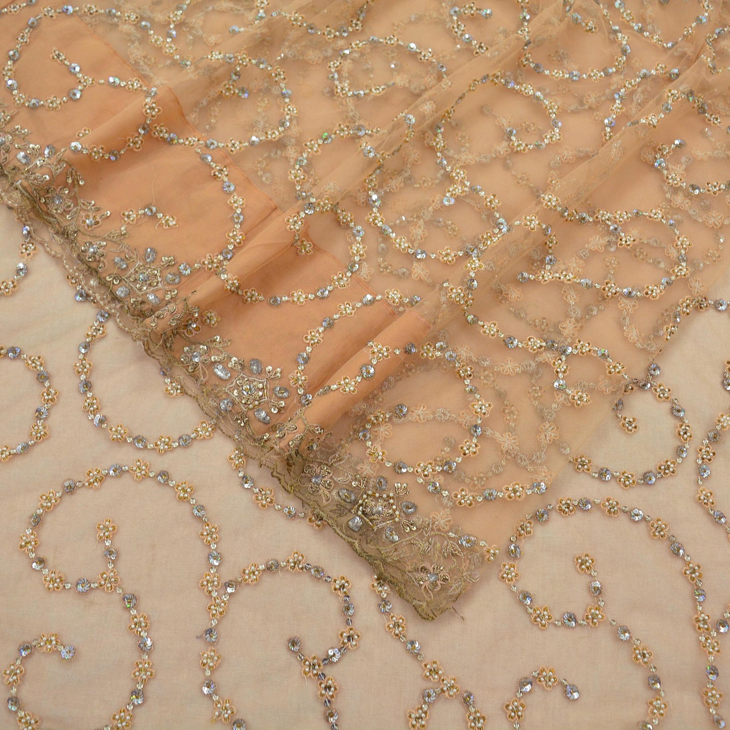 Indian Vintage Heavy Peach Sari Net/Mesh Hand Embroidered Sarees Craft Fabric 6Yd Sewing Soft Golden Zardozi/Dabka Zari Wedding Sarees