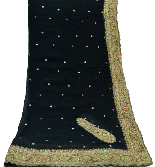 Indian Vintage Black Dupatta Pure Chiffon silk Long Stole Hand Embroidered Scarves Floral Design Stole Veil Wrap Zari Zardozi