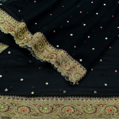 Indian Vintage Black Dupatta Pure Chiffon silk Long Stole Hand Embroidered Scarves Floral Design Stole Veil Wrap Zari Zardozi