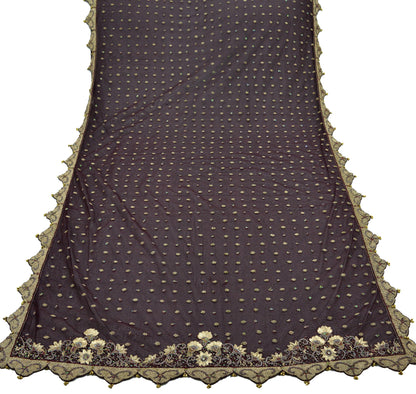 Indian Vintage Heavy Coffee Brown Dupatta Net Mesh Long Stole Hand Embroidered Scarves Zardozi/ Dabka Zari Sequins Bridal Wear Wedding Veil