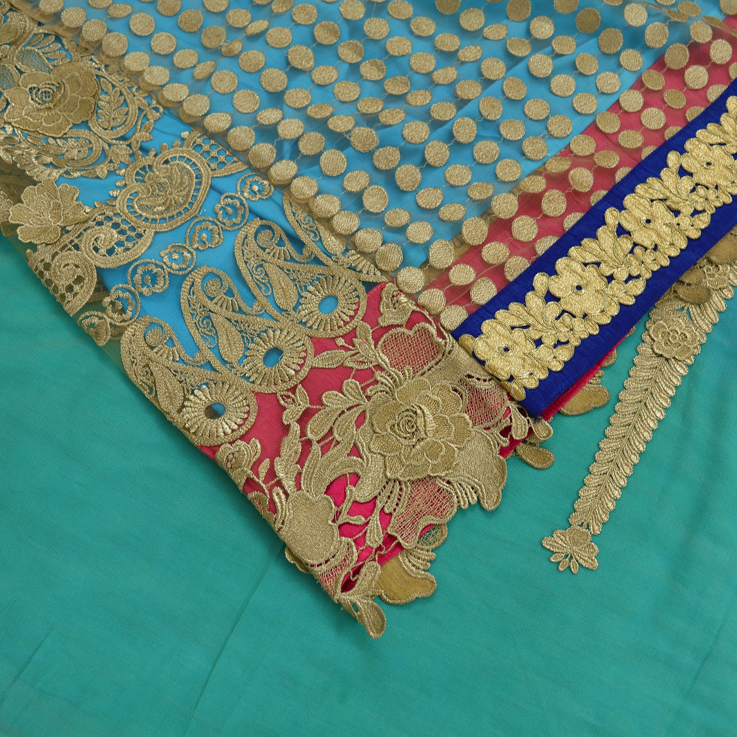 Indian Vintage Blue & Beige Saree Crepe Net Hand Beaded Sari Fabric 5Yd Sewing Soft Ethnic Wedding Sarees