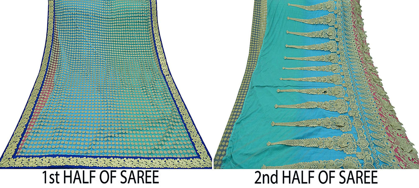 Indian Vintage Blue & Beige Saree Crepe Net Hand Beaded Sari Fabric 5Yd Sewing Soft Ethnic Wedding Sarees