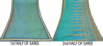 Indian Vintage Blue & Beige Saree Crepe Net Hand Beaded Sari Fabric 5Yd Sewing Soft Ethnic Wedding Sarees