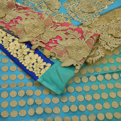 Indian Vintage Blue & Beige Saree Crepe Net Hand Beaded Sari Fabric 5Yd Sewing Soft Ethnic Wedding Sarees