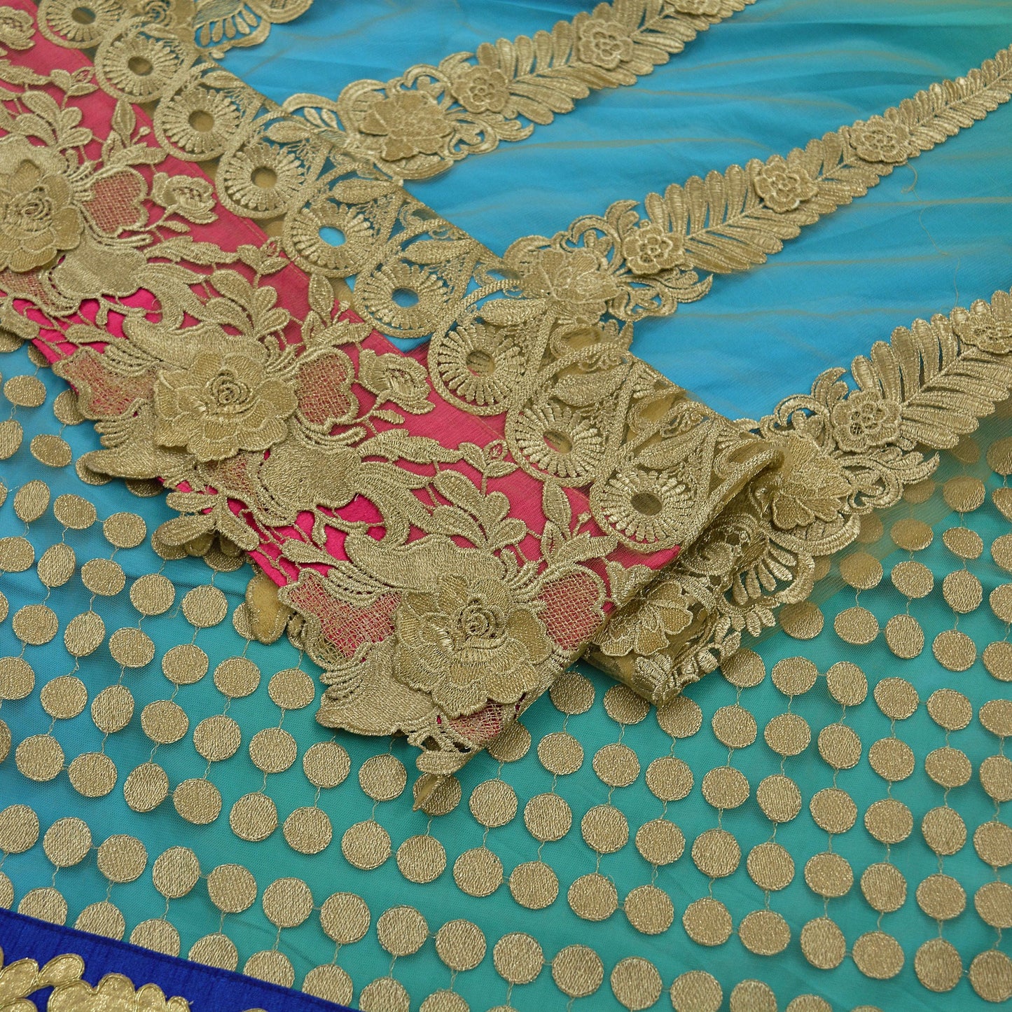 Indian Vintage Blue & Beige Saree Crepe Net Hand Beaded Sari Fabric 5Yd Sewing Soft Ethnic Wedding Sarees