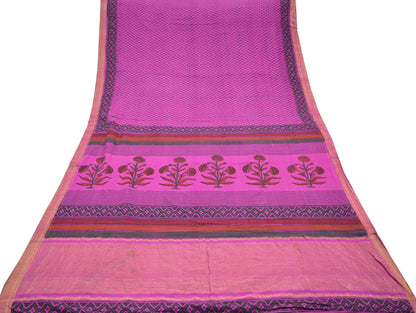 Indian Vintage Sari Purple Pure chanderi Silk Block Printed Sarees Craft Fabric 6Yd Soft Zari Border Floral Dress making bollywood sarees