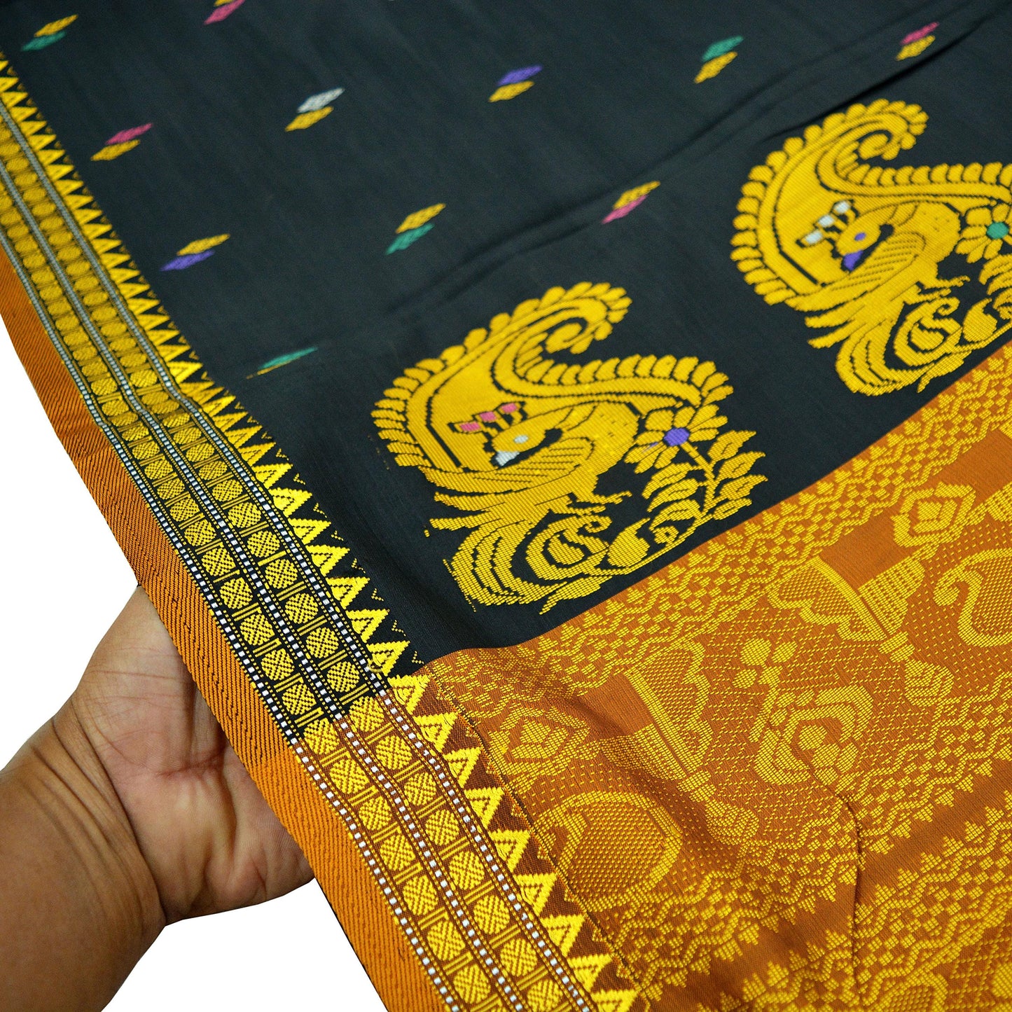 Indian Vintage Sari Black & Saffron 100% Pure Silk Hand Woven Sarees Craft Fabric 5Yd Ethnic Sewing Dress making Crafting Quilting Upcycle