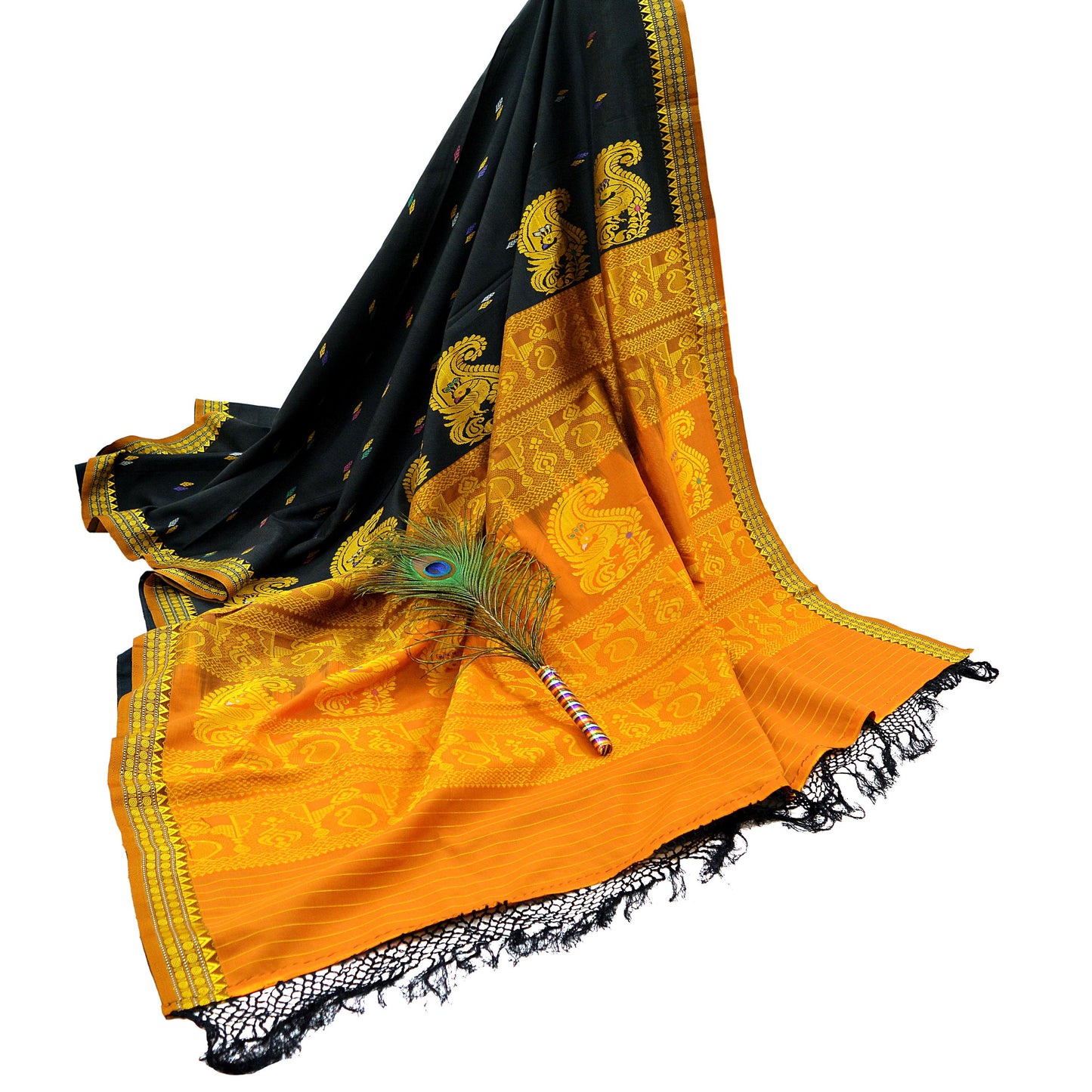 Indian Vintage Sari Black & Saffron 100% Pure Silk Hand Woven Sarees Craft Fabric 5Yd Ethnic Sewing Dress making Crafting Quilting Upcycle