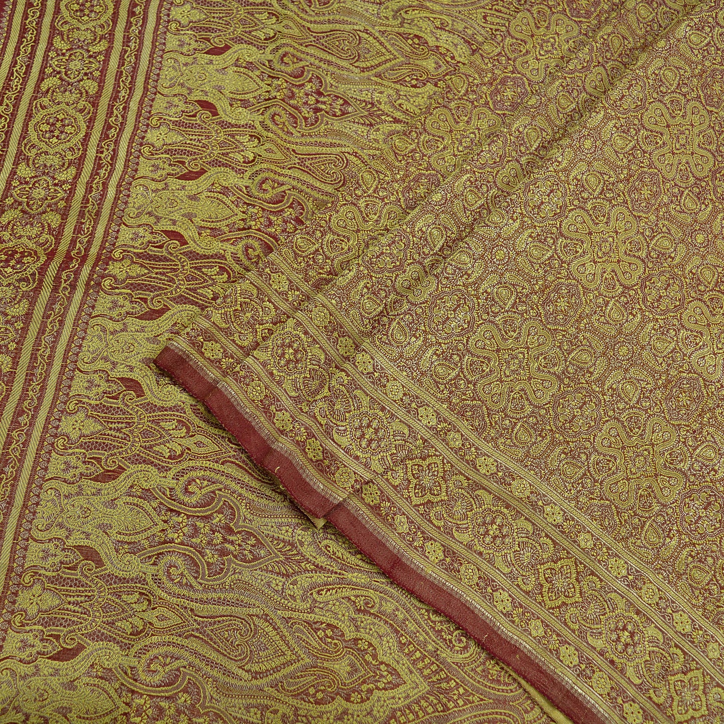 Indian Vintage Golden Maroon Heavy Wedding Saree Woven Brocade Banarasi Sari Craft Fabric Zari 5Yd Dress Making Quilting Upcycle Crafting