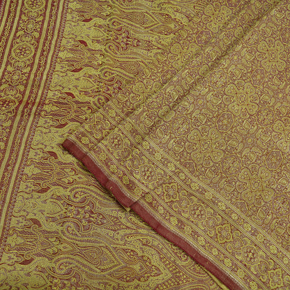 Indian Vintage Golden Maroon Heavy Wedding Saree Woven Brocade Banarasi Sari Craft Fabric Zari 5Yd Dress Making Quilting Upcycle Crafting