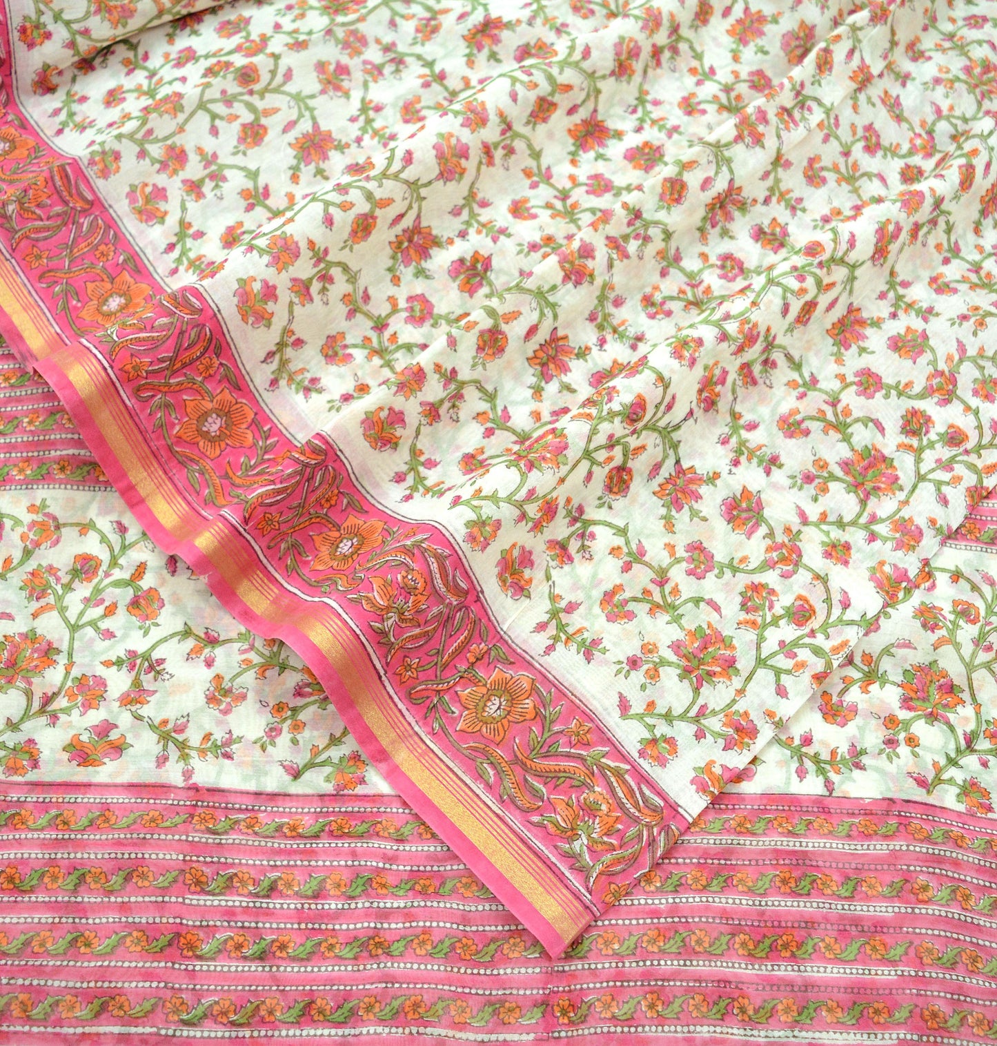 Indian Vintage Sari White & Pink Pure chanderi Silk Block Printed Sarees Fabric 5Yd Soft Zari Floral Dress making bollywood silk sarees