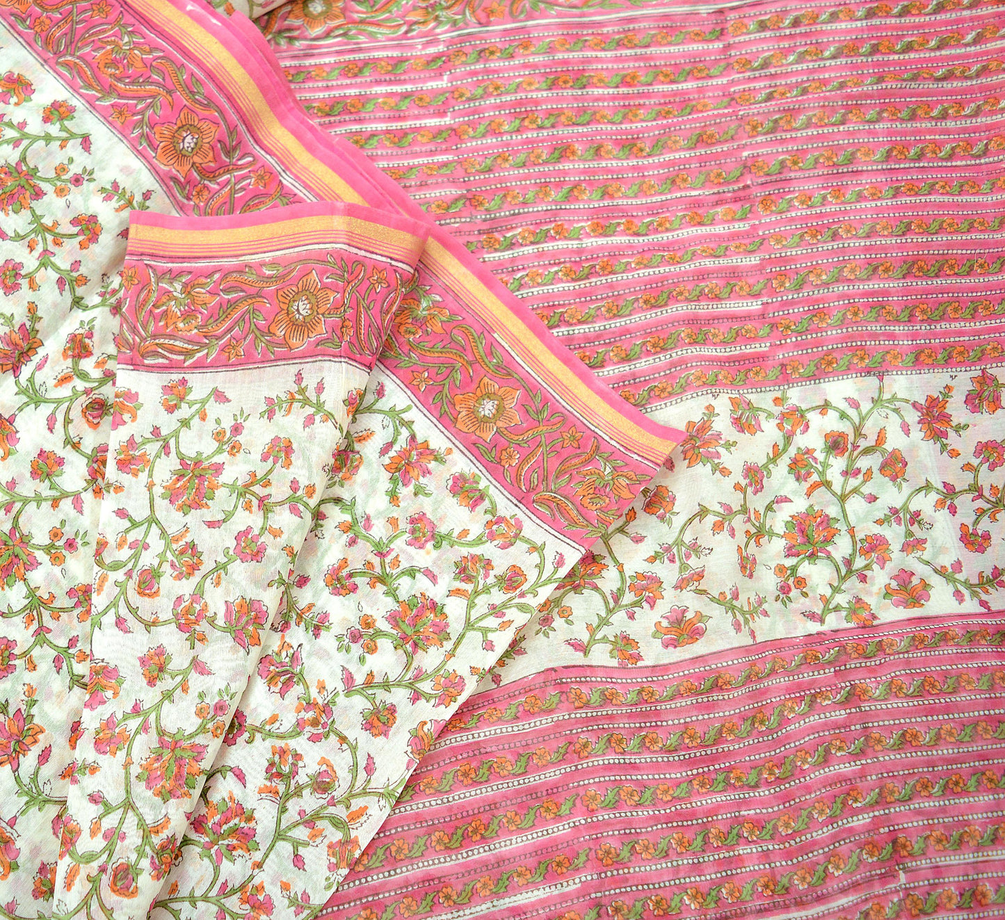 Indian Vintage Sari White & Pink Pure chanderi Silk Block Printed Sarees Fabric 5Yd Soft Zari Floral Dress making bollywood silk sarees