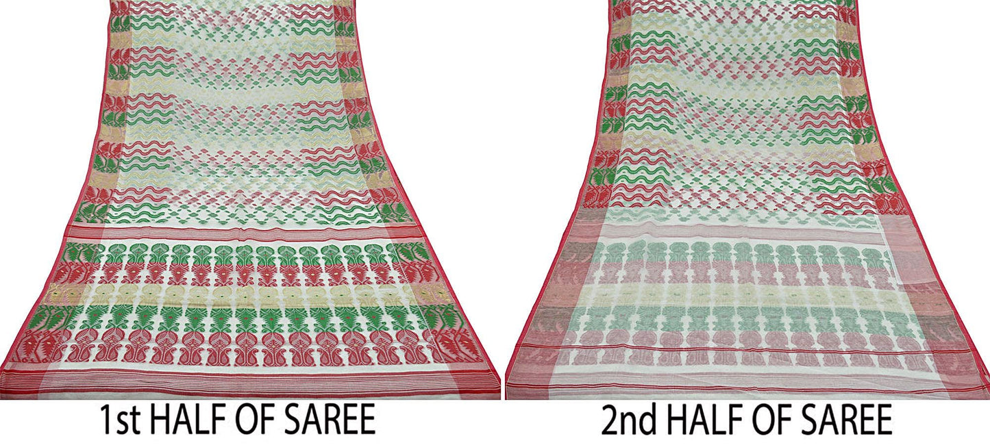 Indian Vintage Sarees White Pure Cotton Hand Woven Jamdani Sari 5yd Ethnic Floral Craft Fabric Dress making Upcycle Crafting Quilting Zari
