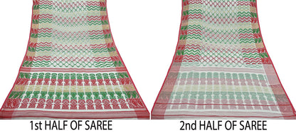 Indian Vintage Sarees White Pure Cotton Hand Woven Jamdani Sari 5yd Ethnic Floral Craft Fabric Dress making Upcycle Crafting Quilting Zari