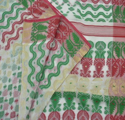 Indian Vintage Sarees White Pure Cotton Hand Woven Jamdani Sari 5yd Ethnic Floral Craft Fabric Dress making Upcycle Crafting Quilting Zari