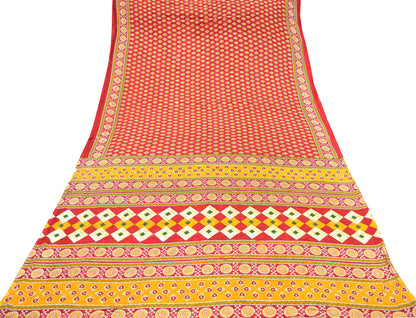 Indian Vintage Red Saree Printed Pure Cotton Sari Craft Fabric Soft 5Yd Sewing Sarong Wrap Boho Quilting Crafting Upcycle Dress making