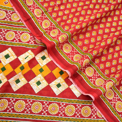 Indian Vintage Red Saree Printed Pure Cotton Sari Craft Fabric Soft 5Yd Sewing Sarong Wrap Boho Quilting Crafting Upcycle Dress making