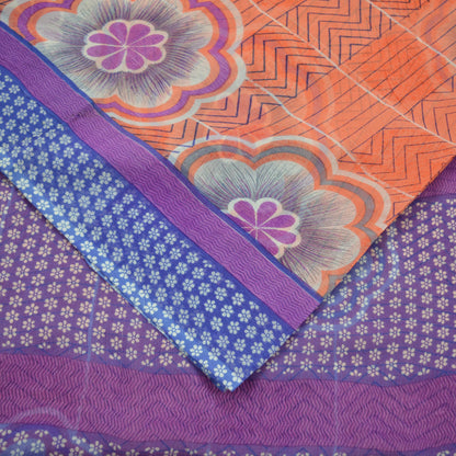 Indian Vintage Sari Orange & Blue Pure Chiffon Silk Printed Sarees Craft Fabric Sewing 5Yd Soft Dress Making Quilting Crafting Upcycle