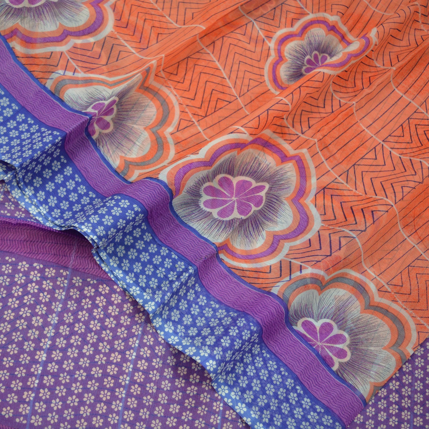 Indian Vintage Sari Orange & Blue Pure Chiffon Silk Printed Sarees Craft Fabric Sewing 5Yd Soft Dress Making Quilting Crafting Upcycle