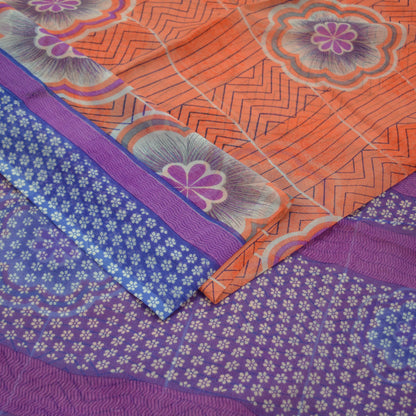 Indian Vintage Sari Orange & Blue Pure Chiffon Silk Printed Sarees Craft Fabric Sewing 5Yd Soft Dress Making Quilting Crafting Upcycle