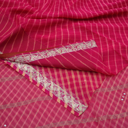 Women Vintage Pink & Peach Sarees Pure Chiffon Silk Leheria Printed Sari Craft Fabric Sewing 5Yd Soft Dress Making Zari Quilting Crafting