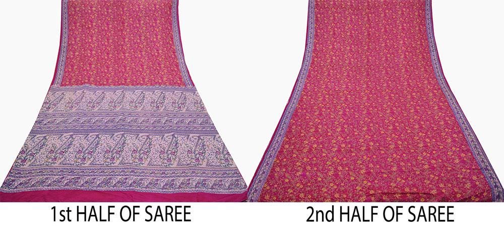 Indian Vintage Sari Pink 100% Pure Silk Woven Printed Sarees Craft Fabric 5yd Sewing Dress Making Floral Upcycle Quilting Crafting Used