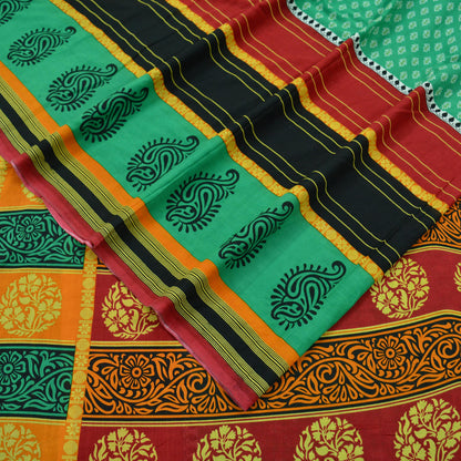 Indian Vintage Sari Green & Red Printed Pure Cotton Saree Craft Fabric 5Yd Sewing Sarong Wrap Boho Floral Crafting Upcycle Quilting Used