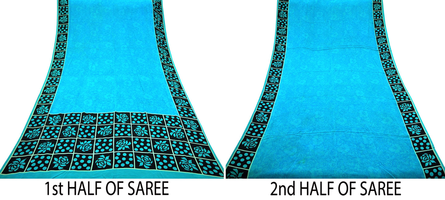 Indian Vintage Sari Black & Blue Pure Crepe Silk Printed Sarees Craft Fabric 5yd Sewing Floral Soft Wrap Dress Making Crafting Upcycle