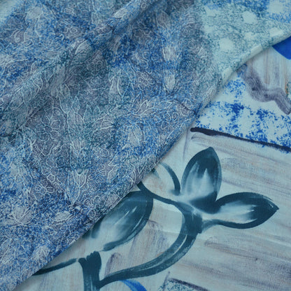 Indian Vintage Sari Ivory & Blue Pure Crepe Silk Printed Saree  5yard Sewing Floral Soft Craft Fabric Wrap Upcycle Quilting Crafting Used