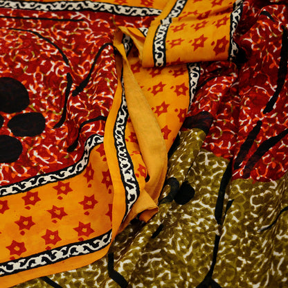 Indian Vintage Sari Mustard & Red Pure Crepe Silk Printed Saree 5yd Sewing Floral Soft Craft Fabric Wrap Dress Making Crafting Upcycle