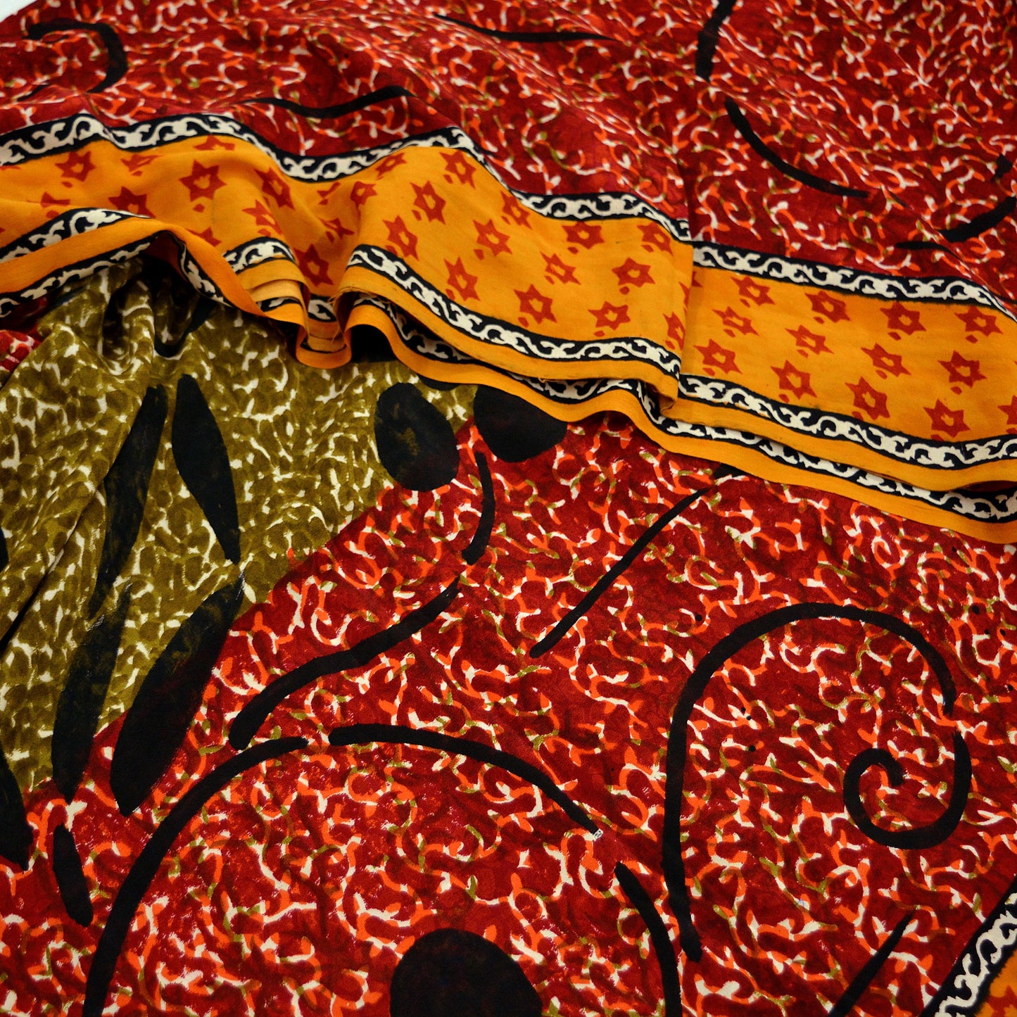 Indian Vintage Sari Mustard & Red Pure Crepe Silk Printed Saree 5yd Sewing Floral Soft Craft Fabric Wrap Dress Making Crafting Upcycle