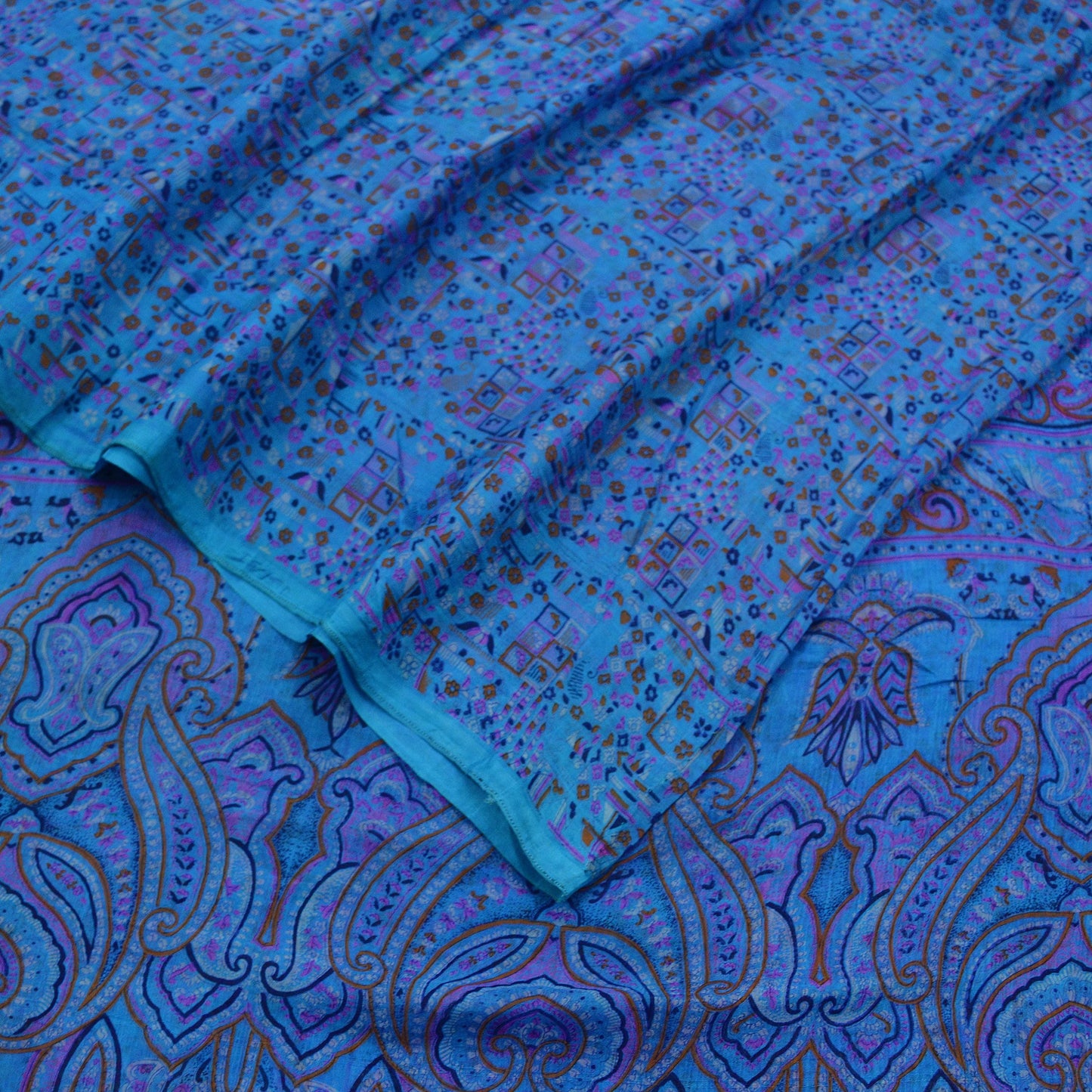 Indian Vintage Sari Blue 100% Pure Silk Printed Sarees 5yd Sewing Craft Fabric Dress Making Floral Wrap used Quilting Crafting Upcycle