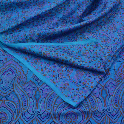 Indian Vintage Sari Blue 100% Pure Silk Printed Sarees 5yd Sewing Craft Fabric Dress Making Floral Wrap used Quilting Crafting Upcycle