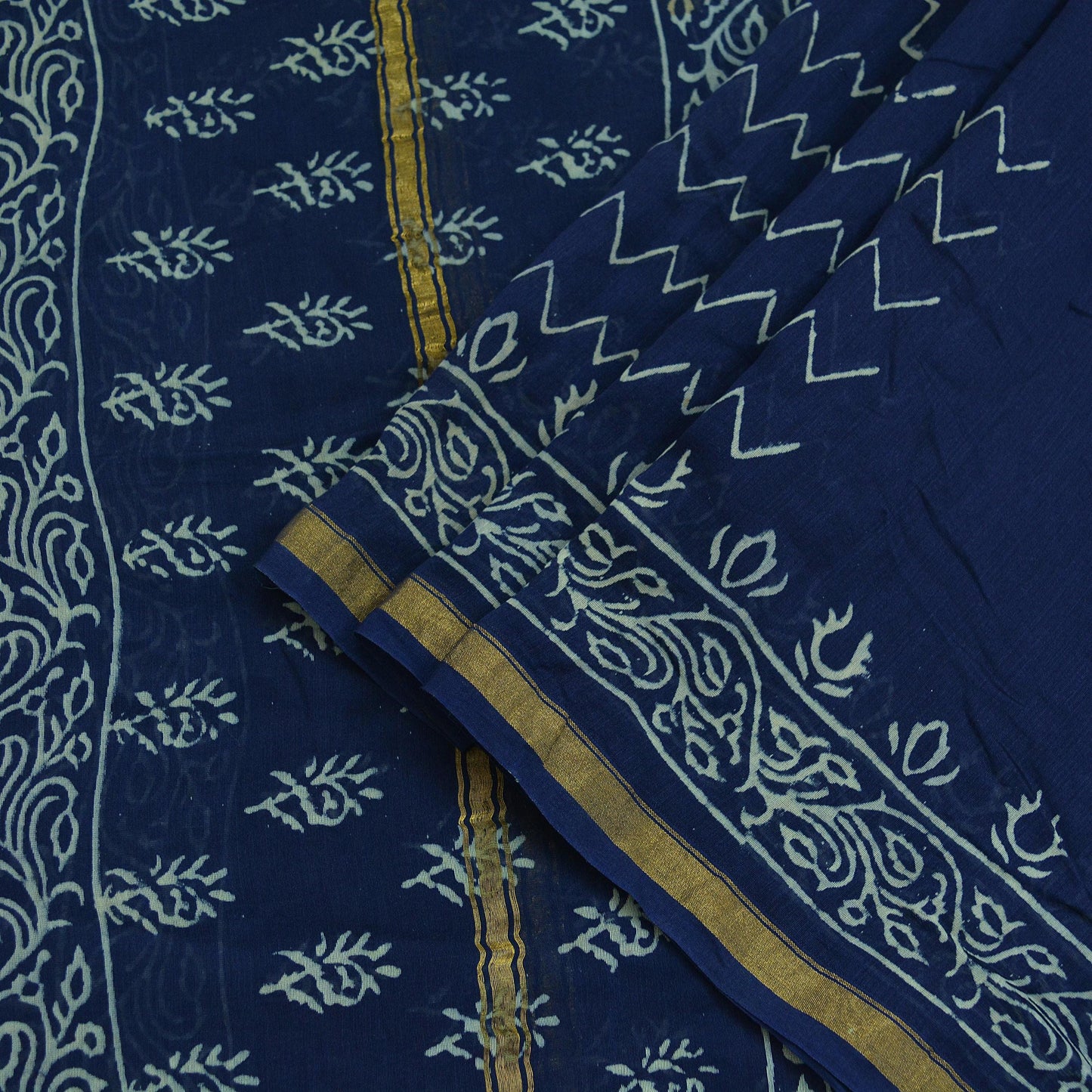 Indian Vintage Blue Dupatta Long Stole Block Print Pure Chanderi Silk Indian Scarves Veil Golden Zari Paisley Design