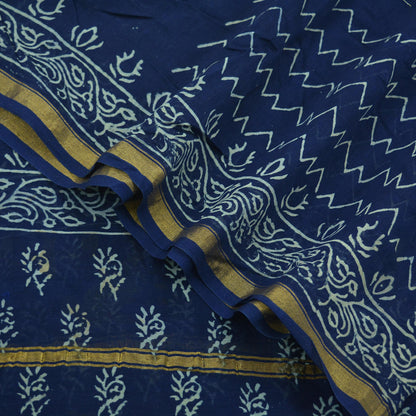 Indian Vintage Blue Dupatta Long Stole Block Print Pure Chanderi Silk Indian Scarves Veil Golden Zari Paisley Design