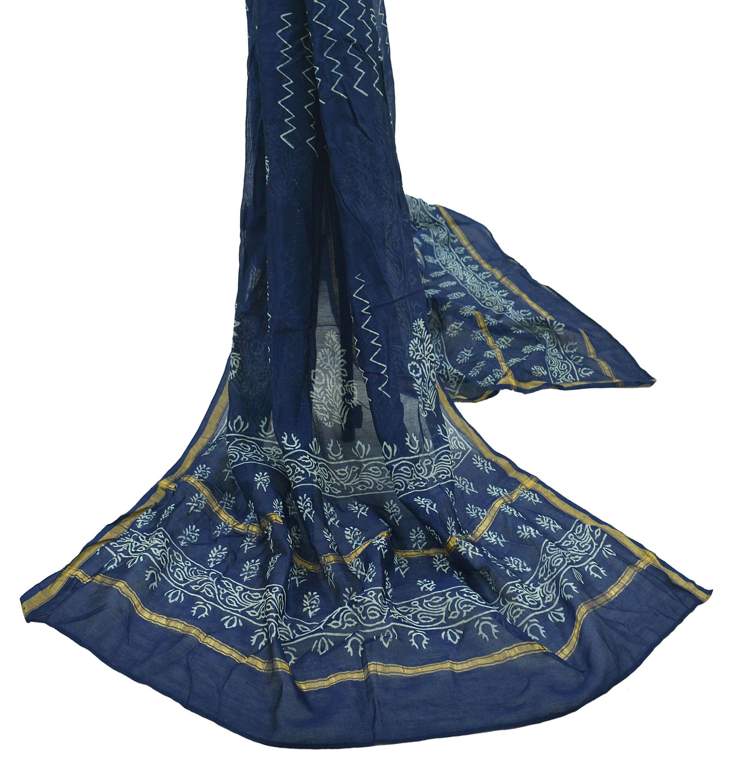 Indian Vintage Blue Dupatta Long Stole Block Print Pure Chanderi Silk Indian Scarves Veil Golden Zari Paisley Design