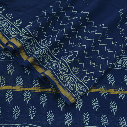 Indian Vintage Blue Dupatta Long Stole Block Print Pure Chanderi Silk Indian Scarves Veil Golden Zari Paisley Design