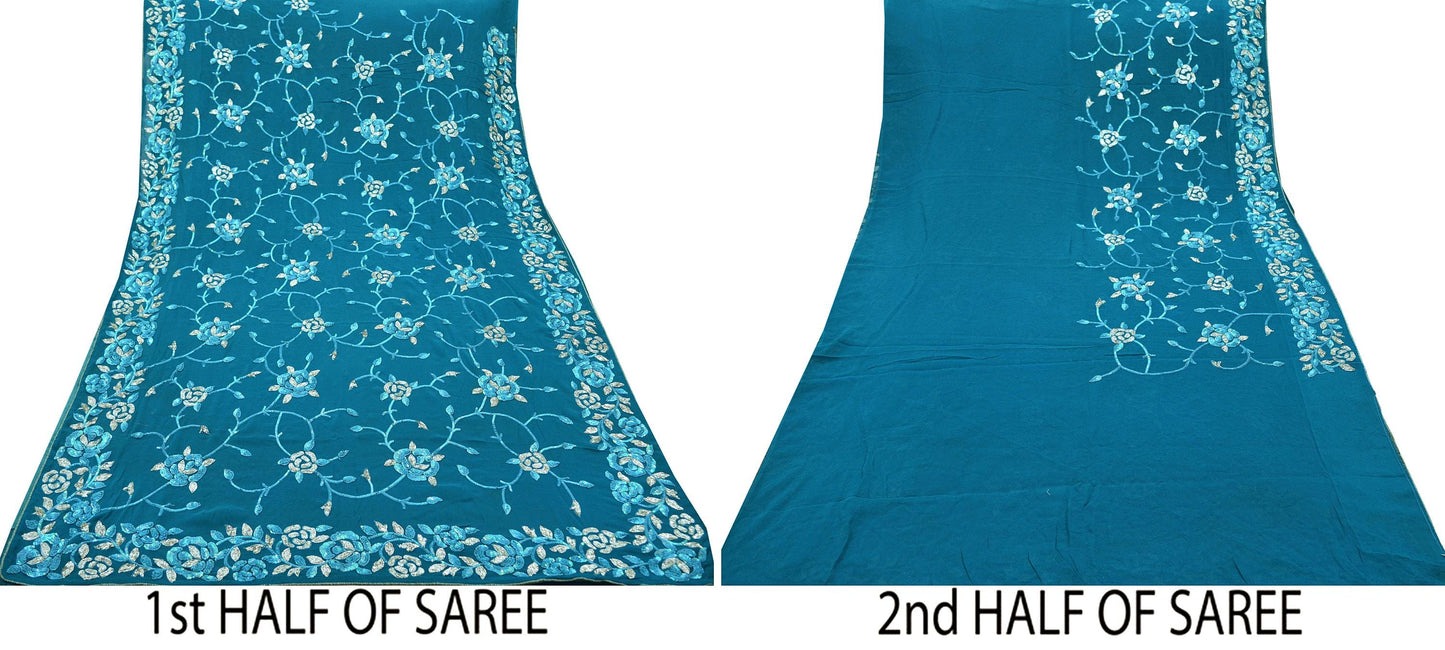 Indian Vintage Heavy Sari Blue Pure Georgette Silk Hand Beaded Sarees Craft Fabric 6Yd Sewing Ethnic Zardozi/ Dabka Wedding Sarees