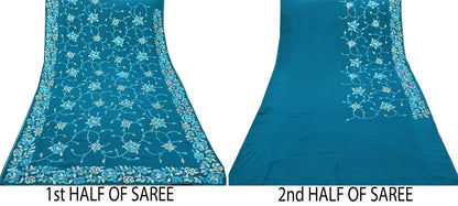 Indian Vintage Heavy Sari Blue Pure Georgette Silk Hand Beaded Sarees Craft Fabric 6Yd Sewing Ethnic Zardozi/ Dabka Wedding Sarees