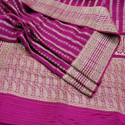 Indian Vintage Sari Heavy Wedding Pure Satin Silk Rani Pink Brocade Banarasi Sarees Zari 5Yd Fabric Ethnic Dress Making Bridal Sari Crafting