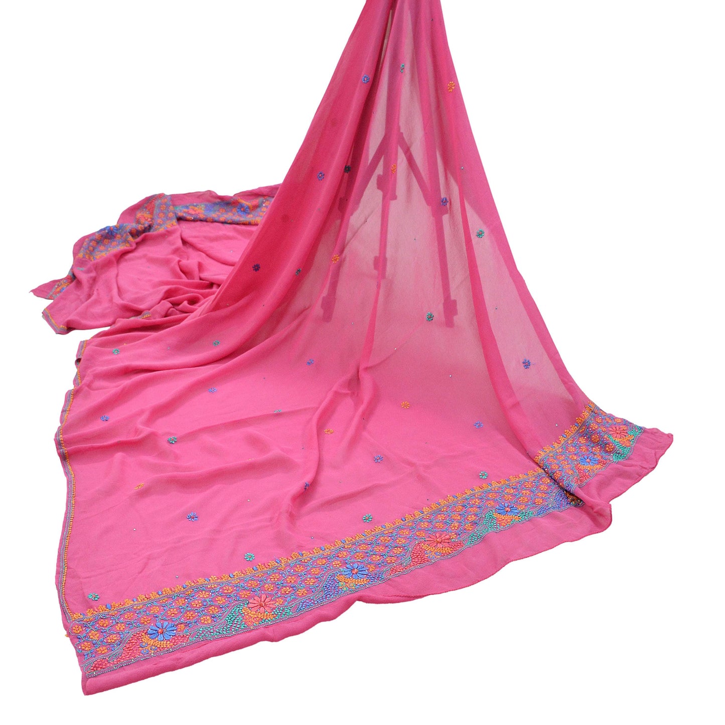 Indian Vintage Pink Dupatta Pure Georgette silk Long Stole Hand Embroidered Chikankari Stole Floral Scarf Scarves