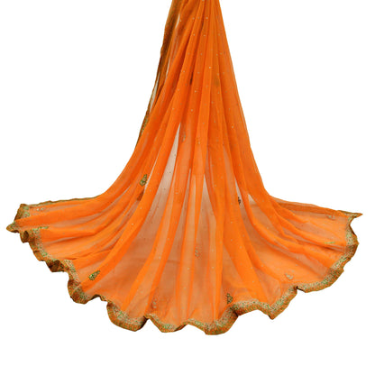 Indian Vintage Orange Dupatta Pure Georgette silk Long Stole Hand Embroidered Scarves Stole Veil Wrap Zardozi/Dabka, Zari