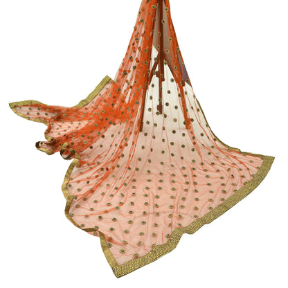 Indian Vintage Orange Dupatta Net Mesh Long Stole Hand Embroidered Scarves Golden Zardozi Zari Sequins Stole