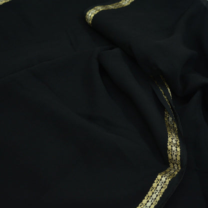 Indian Vintage Sari Black Pure Chiffon Silk Hand Woven Sarees Craft Fabric 5Yd Soft Dress Making Sewing Quilting For Crafting Used