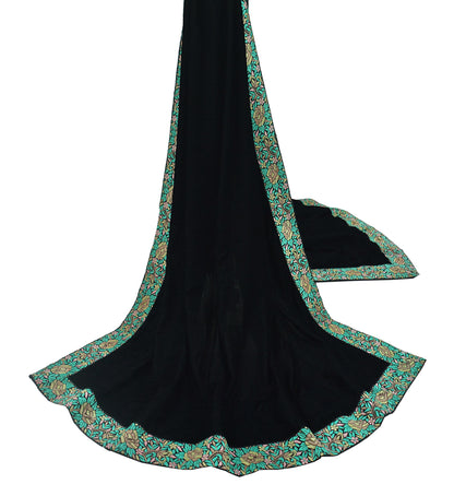 Indian Vintage Heavy Black Dupatta Velvet Long Stole Hand Embroidered Scarves Zari Hijab Veil Wrap Bridal Dupatta Floral