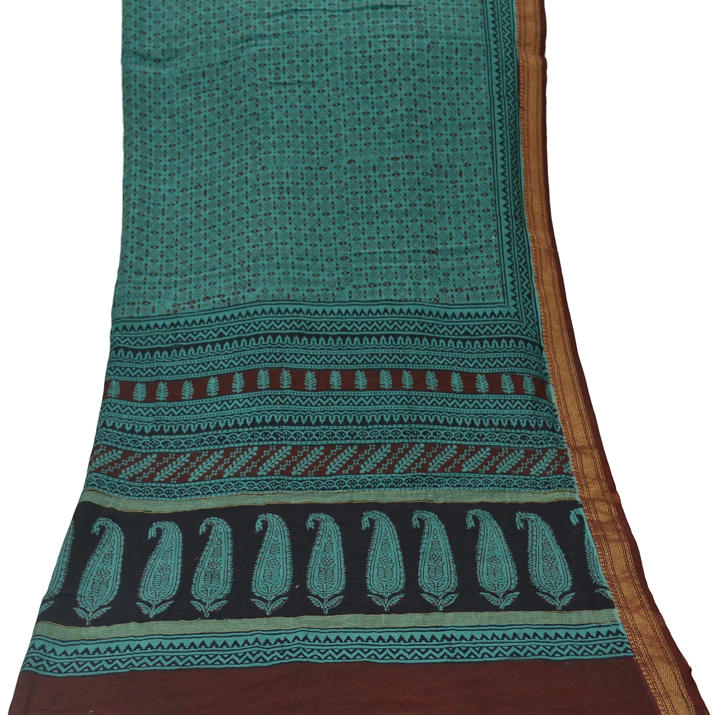 Indian Vintage Green Dupatta Long Stole Block Print Pure Chanderi Silk Scarves Veil Floral Design Upcycle Party wear hijab Zari Border