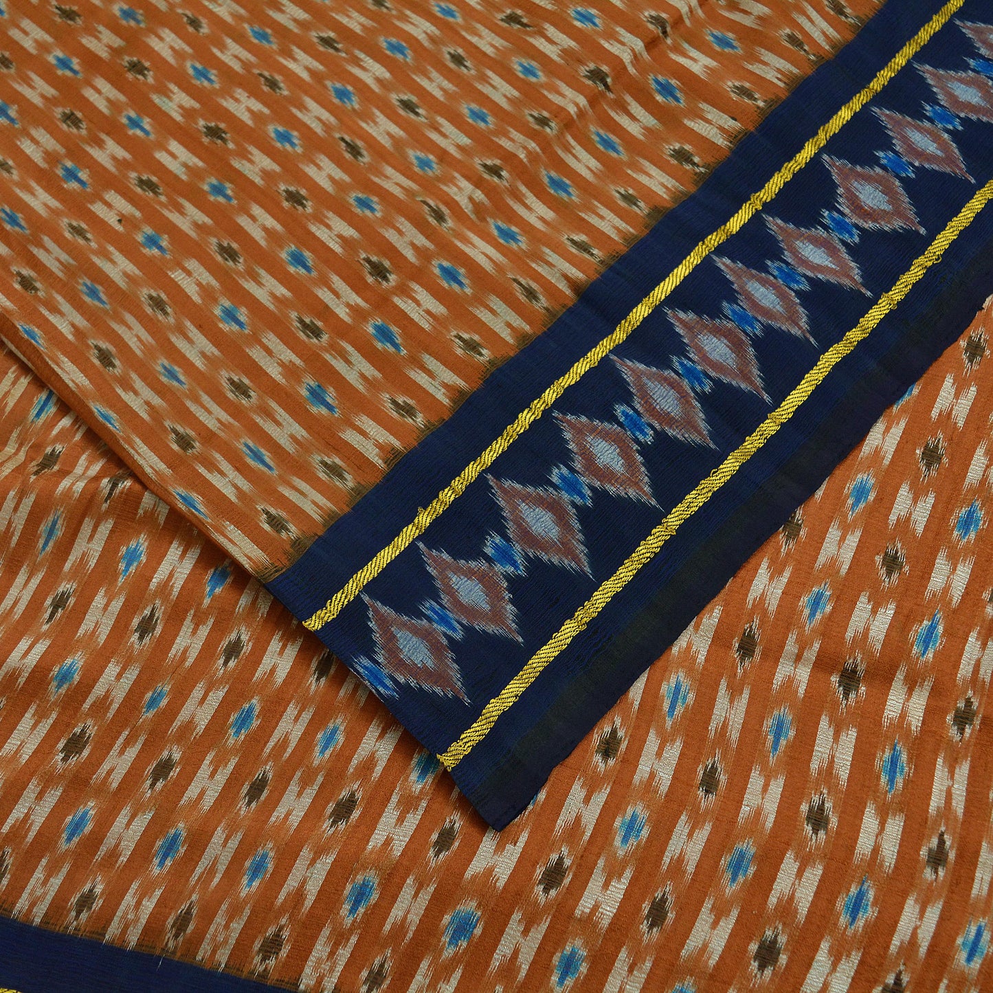 Indian Vintage Sari Saffron & Blue Pure Silk Hand Woven Ikat Patola Pochampally Sarees 5Yd Craft Fabric Ethnic Zari Border Bollywood Sarees