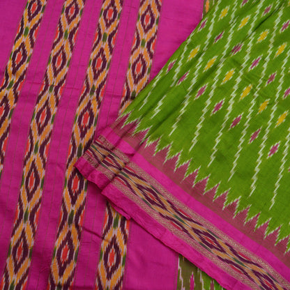 Indian Vintage Sari Green & Pink Pochampally Pure Silk Hand Woven Ikat Patola Saree Craft Fabric 5Yd Ethnic Zari Border Bollywood sarees