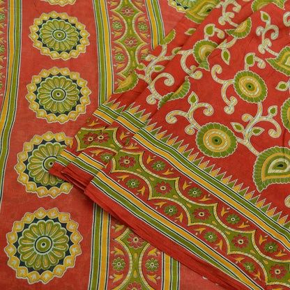 Indian Vintage Sari Green & Red Printed Pure Cotton Saree Craft Fabric 5Yd Sewing Sarong Wrap Boho Floral Crafting Upcycle Quilting Used